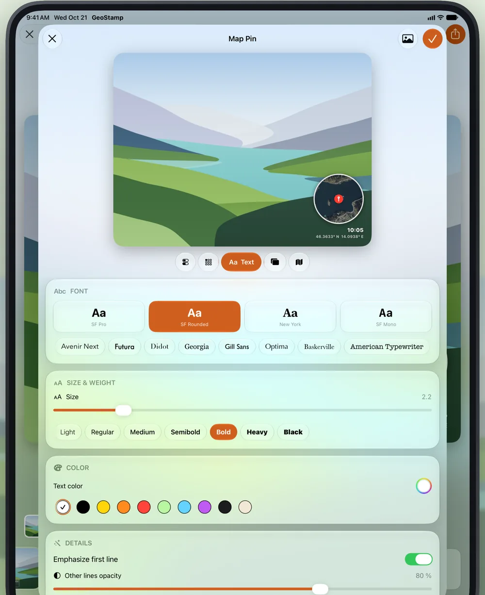 The GeoStamp template editor on iPad: font, size, weight and colour controls under a live preview of the Map Pin template