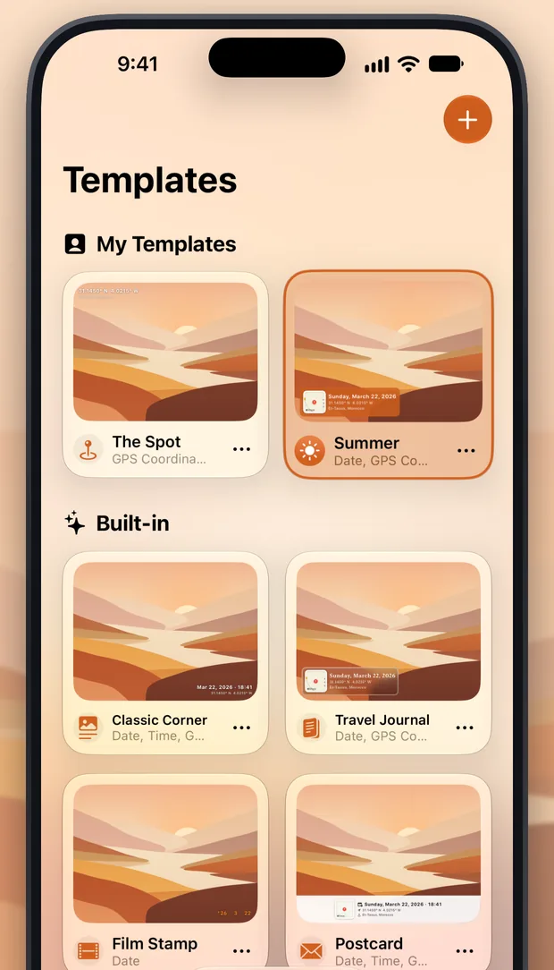 GeoStamp on iPhone: Templates screen